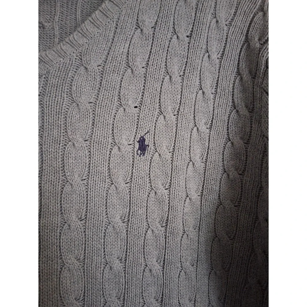 Polo Ralph Lauren Mens XL Grey Cable Knit V-Neck Cotton Sweater Pony Logo